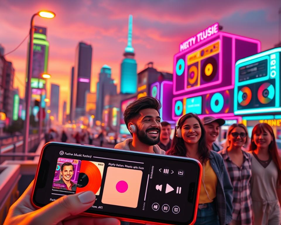 A futuristic cityscape at sunset, showcasing vibrant neon colors that evoke nostalgia for retro music apps. In the foreground, a sleek, modern phone displays an intuitive music interface with retro-themed album covers, blending old-school vinyl aesthetics with cutting-edge AI technology. In the middle, a diverse group of casually dressed individuals listens to music through wireless earbuds, their expressions of joy and nostalgia illuminated by the warm glow of street lights. The background features stylized, vintage-inspired buildings adorned with holographic vinyl record displays and elements of vintage music technology, such as cassette tapes and turntables. The scene captures a fusion of past and future, with soft bokeh lighting effects adding a dreamy atmosphere.