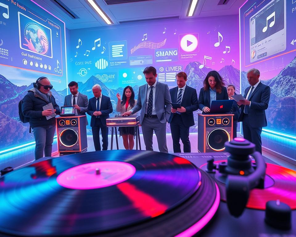 A futuristic scene depicting the concept of musical nostalgia and technology intertwined. In the foreground, a vintage turntable sits elegantly with glowing neon details, surrounded by colorful vinyl records. In the middle ground, a diverse group of people of different ages, dressed in professional business attire, are interacting with advanced music tech devices that blend retro styles with modern designs, creating an engaging atmosphere. The background features a digital landscape with holographic displays of music notes and album covers, illuminated by soft blue and purple lighting to evoke a dreamy, nostalgic mood. The composition is captured with a wide-angle lens, showcasing depth and inviting viewers into this harmonious fusion of past and future.