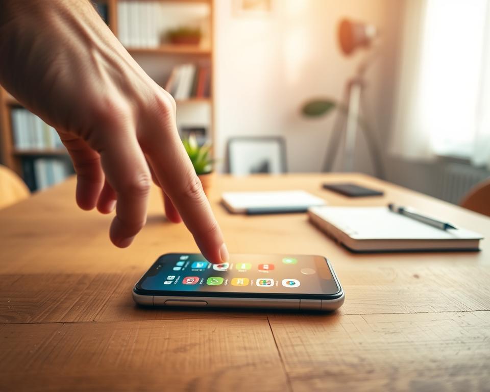 A modern Android smartphone on a wooden desk, with vibrant app icons representing various space-clearing applications displayed on the screen. In the foreground, a hand is reaching towards the phone, showcasing interaction. The middle ground features a tidy workspace with a minimalistic design, including a potted plant and a notebook. The background consists of a softly blurred bookshelf, filled with tech-related materials. The lighting is warm and inviting, creating a productive atmosphere, with sunlight gently streaming in from a nearby window. The angle is slightly above eye level, giving a dynamic perspective on the phone and the workspace, encouraging viewers to engage and explore. The overall mood is focused, promoting efficiency and clarity, suitable for a tech-savvy audience.