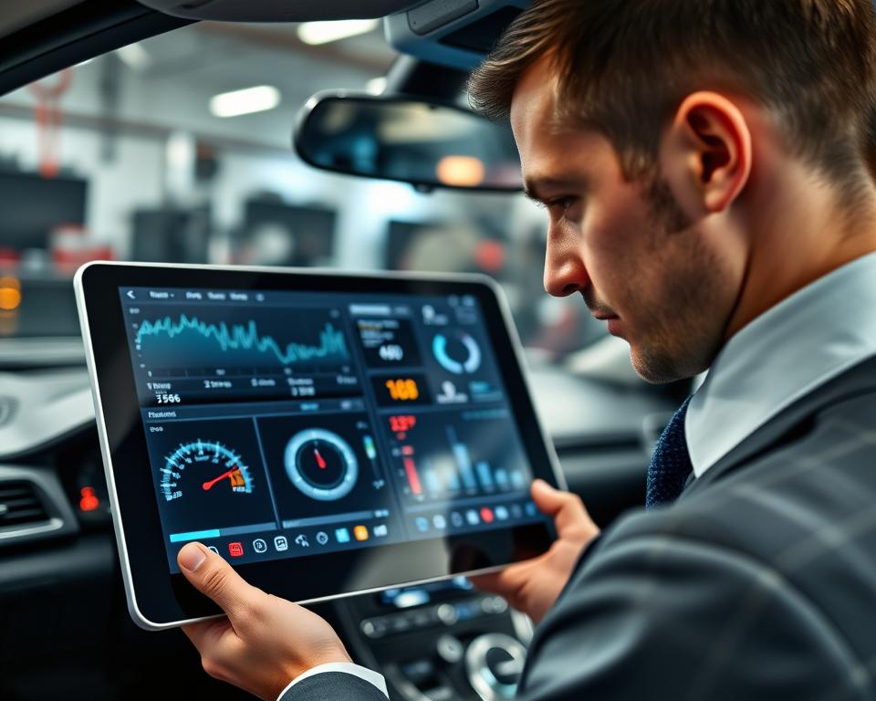 A modern automotive diagnostic interface displayed prominently on a sleek tablet, showing various graphs and data points, indicating engine performance and error codes. The foreground features a professional auto technician in a well-fitted business attire, intently analyzing the information on the screen. In the middle, a car dashboard with illuminated warning lights adds context to the diagnostic process. The background subtly reveals a well-organized workshop with tools and equipment, conveying a sense of professionalism and efficiency. Soft, ambient lighting enhances the high-tech vibe, while a wide-angle lens captures the essence of a reliable automotive environment. The atmosphere is focused and precise, suitable for a trusted tool in automotive diagnostics.