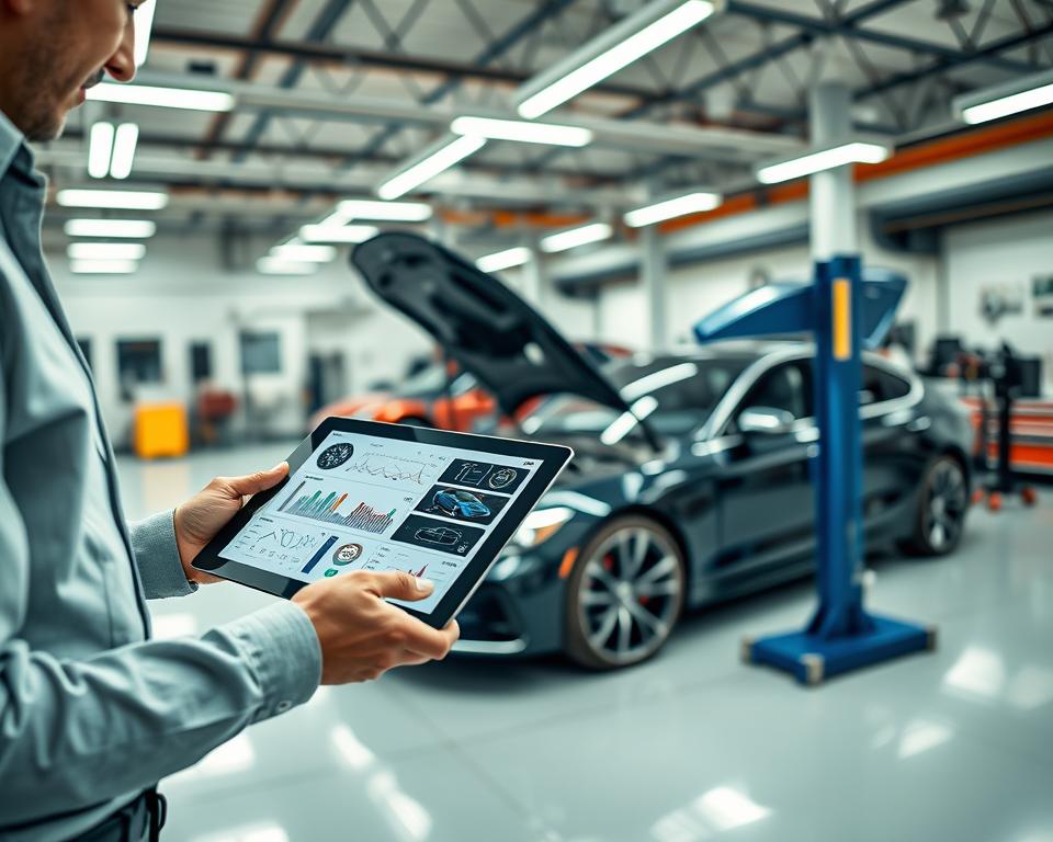 A modern automotive diagnostic scene, showcasing a detailed vehicle analysis. In the foreground, a professional technician in smart casual attire is examining a digital tablet displaying intricate data charts and vehicle diagnostics. The middle layer features a sleek, high-tech car with various sensors and components exposed, symbolizing advanced technology. In the background, a bright, well-lit garage environment highlights automotive tools and equipment, with soft fluorescent lights casting a clean glow. The atmosphere is focused and analytical, with a sense of innovation and precision. Use a wide-angle lens for a dynamic perspective, ensuring clarity and detail throughout the composition.