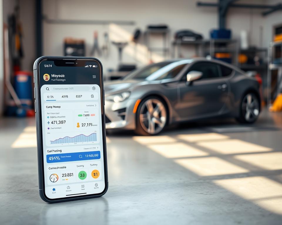 A modern car management app interface displayed on a smartphone, positioned prominently in the foreground, showcasing a detailed dashboard with graphs and metrics for fuel consumption, maintenance schedules, and cost tracking. The middle ground features a sleek, stylish car parked against a backdrop of a well-organized garage, emphasizing automobile care. The background includes subtle hints of tools and spare parts, enhancing the automotive theme. The scene is illuminated by soft, natural lighting, casting gentle shadows and creating a warm, inviting atmosphere. The angle captures the smartphone from a slightly elevated perspective, focusing on the app interface, while conveying a sense of efficiency and modernity. Overall, the mood is informative and professional, ideal for showcasing automotive management solutions. A modern car management app interface displayed on a smartphone, positioned prominently in the foreground, showcasing a detailed dashboard with graphs and metrics for fuel consumption, maintenance schedules, and cost tracking. The middle ground features a sleek, stylish car parked against a backdrop of a well-organized garage, emphasizing automobile care. The background includes subtle hints of tools and spare parts, enhancing the automotive theme. The scene is illuminated by soft, natural lighting, casting gentle shadows and creating a warm, inviting atmosphere. The angle captures the smartphone from a slightly elevated perspective, focusing on the app interface, while conveying a sense of efficiency and modernity. Overall, the mood is informative and professional, ideal for showcasing automotive management solutions.