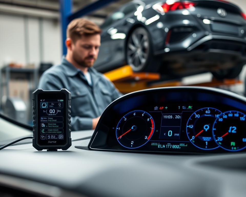 A modern car scanner and ELM OBD2 dashboard displayed prominently in the foreground, showcasing a sleek, customizable interface filled with vibrant digital gauges and diagnostics. The dashboard features various readouts like engine temperature, RPM, and error codes, illuminated in cool blue and green hues, creating a high-tech atmosphere. In the middle ground, a mechanic in a professional attire inspects the dashboard with focused attention, highlighting the human element of automotive diagnostics. The background reveals a workshop setting with tools and a car lifted on a hydraulic platform, accentuating the technical aspect of car maintenance. Soft, diffused lighting adds warmth, with shadows casting gently, evoking a sense of sophistication and expertise within the automotive world.