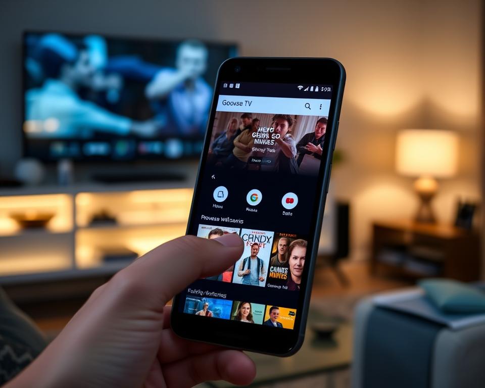 A modern digital interface showcasing the Google TV app, focusing on the navigation between tabs. In the foreground, a sleek smartphone displays vibrant thumbnail previews of various TV shows and movies. Icons for different categories are clearly illustrated, with a hand gently tapping the "Browse" tab. The middle layer features a cozy living room setting with soft ambient lighting, hinting at a warm and inviting atmosphere for family entertainment. Subtle reflections from a nearby TV screen can be seen in the background, enhancing the tech-savvy environment. The image is captured at a slight angle to highlight the phone’s display, with a focus on clarity and color richness, emulating a professional yet casual vibe.