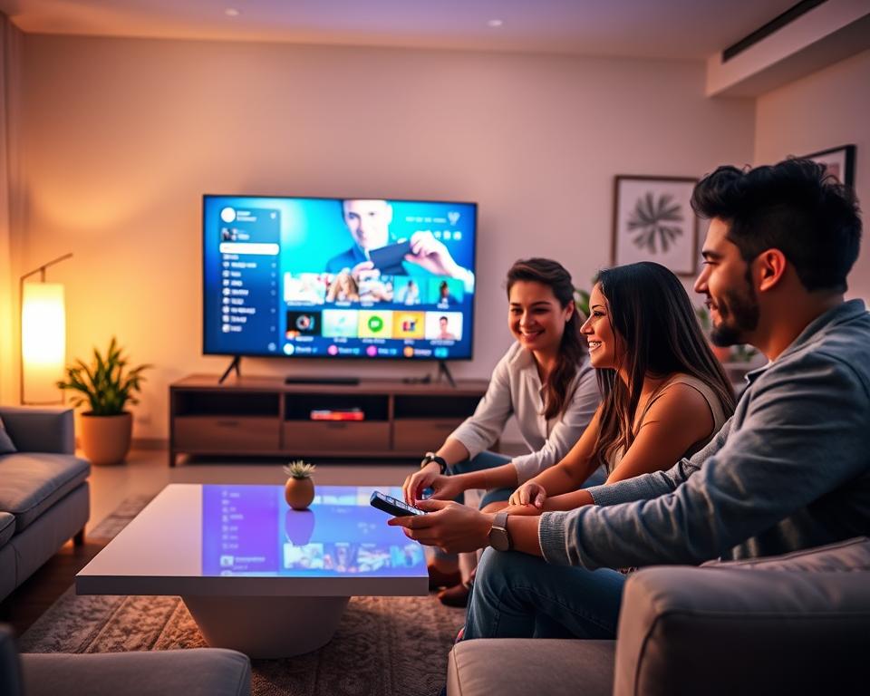 A modern living room scene with a large flat-screen TV displaying vibrant content, showcasing an intuitive streaming app interface. In the foreground, a diverse group of three individuals, dressed in casual yet professional attire, are gathered around a sleek coffee table, engaged and smiling as they use a remote control. The middle ground features the TV glowing softly, emanating warm light that enhances the cozy atmosphere of the room. Soft shadows from ambient lighting create a relaxed yet focused mood. The background includes plush furniture and decorative elements like plants and art, suggesting a comfortable home environment. Capture this scene from a slightly elevated angle to showcase the interaction and the TV content clearly.