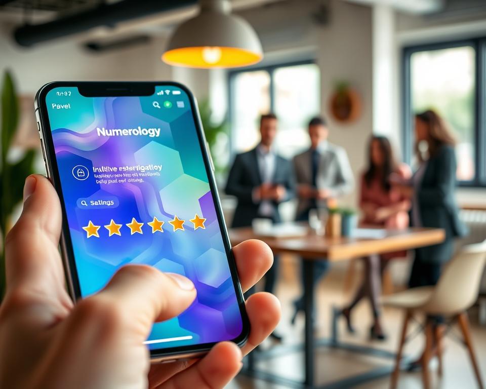 A modern smartphone displaying a numerology app interface in vibrant, user-friendly colors, focused on usability features like intuitive navigation and privacy settings. In the foreground, a close-up of a hand holding the phone, tapping on a star rating system for user evaluations. The middle ground features a blurred background of a cozy, inviting workspace with soft lighting, where a diverse group of professionals in modest business attire discuss the app, showcasing collaboration and user feedback. A warm and welcoming atmosphere highlighted by natural light. The image should be bright and engaging, resembling a tech review in a lifestyle setting, capturing the essence of user experience and privacy concern.