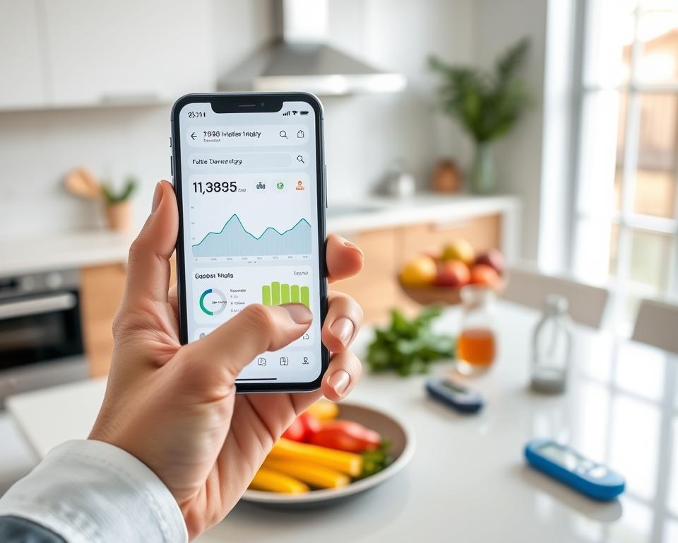A modern smartphone displaying a sleek glucose monitoring app interface, prominently showing a colorful dashboard with insightful graphs and statistics. In the foreground, a hand dressed in a professional shirt holds the phone, highlighting functionality. In the middle, a kitchen table with a healthy meal, fruits, and a glucometer hints at a health-conscious lifestyle. The background features soft, natural lighting filtering through a window, creating a warm and inviting atmosphere. The scene conveys a sense of control and health management. The composition should focus on technology, health, and everyday life, emphasizing accessibility and user-friendliness of the app, without any text or distractions.