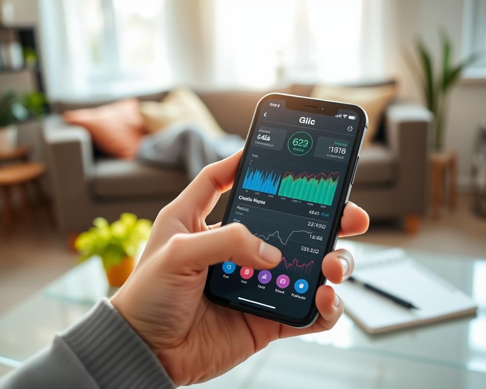 A modern smartphone displaying the Glic app interface, featuring vibrant glucose graphs and data visualizations. The foreground showcases a close-up of the phone, with a hand holding it in a comfortable, casual home setting. The middle ground includes a soft-focus desk with a notebook and a pen, emphasizing a health-conscious lifestyle. The background is a bright, inviting room with natural light streaming through a window, creating an uplifting ambiance. Use a shallow depth of field to highlight the screen's graphical user interface while blurring the surroundings slightly. The overall mood conveys an efficient and user-friendly approach to health management, emphasizing clarity and accessibility in monitoring glucose levels. A modern smartphone displaying the Glic app interface, featuring vibrant glucose graphs and data visualizations. The foreground showcases a close-up of the phone, with a hand holding it in a comfortable, casual home setting. The middle ground includes a soft-focus desk with a notebook and a pen, emphasizing a health-conscious lifestyle. The background is a bright, inviting room with natural light streaming through a window, creating an uplifting ambiance. Use a shallow depth of field to highlight the screen's graphical user interface while blurring the surroundings slightly. The overall mood conveys an efficient and user-friendly approach to health management, emphasizing clarity and accessibility in monitoring glucose levels.