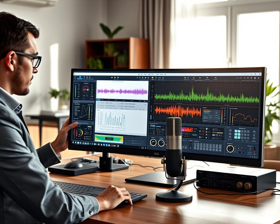A modern workspace featuring a sleek computer setup focused on voice modulation software. In the foreground, a high-resolution monitor displays various voice alteration interface designs with colorful waveforms and controls. To the left, a professional in business attire is engaged, adjusting settings with a focused expression. In the middle, a stylish microphone sits on the desk, suggesting high-quality audio input. The background reveals a tastefully decorated office with soft, natural lighting coming through a window, casting gentle shadows. The overall atmosphere is one of innovation and creativity, inviting viewers to explore new voice-changing software solutions. Capture this scene from a slightly elevated angle to provide depth and engagement, emphasizing the technological aspects of voice alteration.
