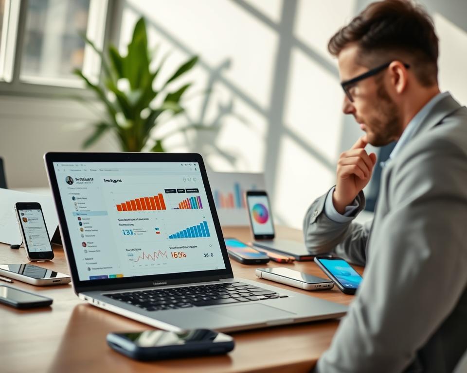 A modern workspace featuring a sleek laptop open to an application analyzing Instagram profile visitors, surrounded by vibrant smartphone screens displaying social media stats. In the foreground, a professional individual in smart casual attire thoughtfully examines the data on the laptop, while in the middle, an organized arrangement of tech gadgets and colorful charts showcases app functionalities. The background reveals a contemporary office environment with soft natural light streaming through a window, casting subtle shadows that create a productive and focused atmosphere. Include a blurred indoor plant to add depth, emphasizing the high-tech and analytical mood of the scene. A modern workspace featuring a sleek laptop open to an application analyzing Instagram profile visitors, surrounded by vibrant smartphone screens displaying social media stats. In the foreground, a professional individual in smart casual attire thoughtfully examines the data on the laptop, while in the middle, an organized arrangement of tech gadgets and colorful charts showcases app functionalities. The background reveals a contemporary office environment with soft natural light streaming through a window, casting subtle shadows that create a productive and focused atmosphere. Include a blurred indoor plant to add depth, emphasizing the high-tech and analytical mood of the scene.