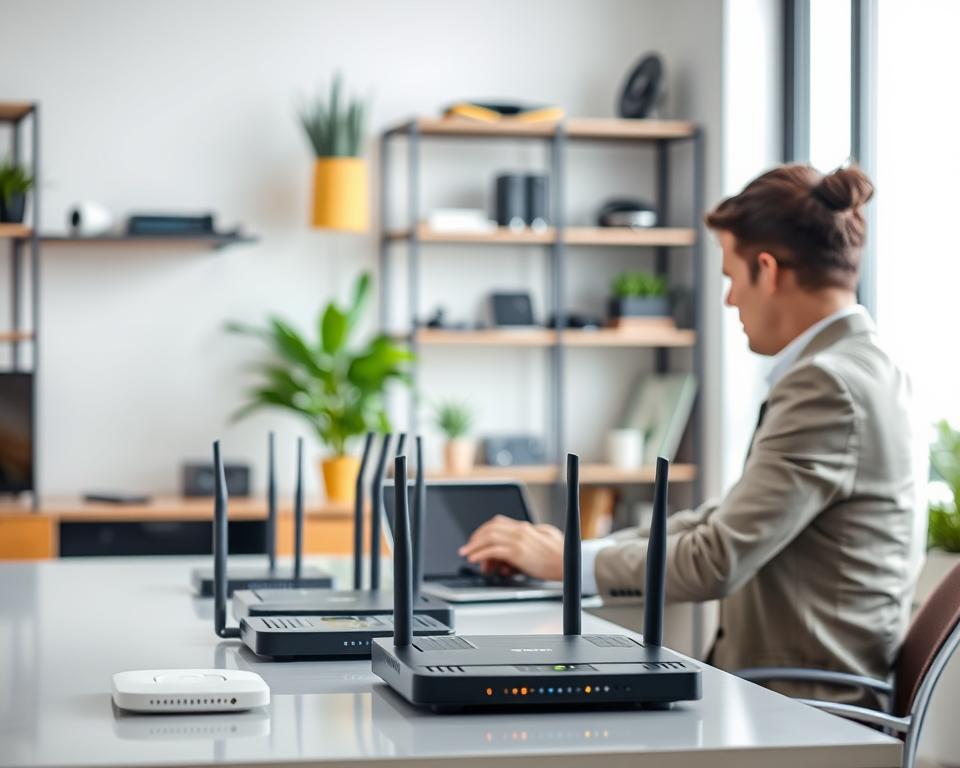 A professional setting illustrating the concept of testing Wi-Fi signal strength and speed. In the foreground, a person in smart casual attire is using a laptop, intently focused on the screen displaying a Wi-Fi signal meter and speed test results. In the middle ground, various Wi-Fi routers are placed on a sleek table, with glowing LED indicators, hinting at different signal strengths. The background features soft-focus shelves with tech gadgets and plants, creating a modern workspace atmosphere. The lighting is bright and natural, pouring in through a window, emphasizing a sense of clarity and focus. The overall mood is analytical and tech-savvy, capturing the essence of connectivity and performance testing. A professional setting illustrating the concept of testing Wi-Fi signal strength and speed. In the foreground, a person in smart casual attire is using a laptop, intently focused on the screen displaying a Wi-Fi signal meter and speed test results. In the middle ground, various Wi-Fi routers are placed on a sleek table, with glowing LED indicators, hinting at different signal strengths. The background features soft-focus shelves with tech gadgets and plants, creating a modern workspace atmosphere. The lighting is bright and natural, pouring in through a window, emphasizing a sense of clarity and focus. The overall mood is analytical and tech-savvy, capturing the essence of connectivity and performance testing.