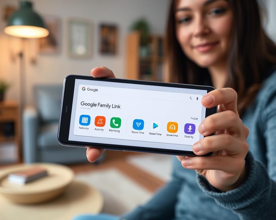 A sleek, modern smartphone displaying the Google Family Link app interface on its screen. The foreground shows the phone held by a parent with a focused expression, conveying a sense of control and responsibility. In the middle ground, there are colorful app icons resembling parental control features like activity monitoring and screen time management. The background features a cozy home environment with soft lighting, highlighting a family space that suggests security and care, such as a living room or a study. The overall atmosphere is calm and reassuring, emphasizing the importance of parental guidance in the digital age, while ensuring that the image remains professional and SFW.