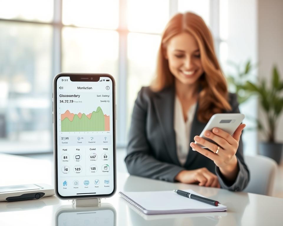 A smartphone displaying a modern glucose monitoring app interface, featuring colorful graphs and user-friendly controls. In the foreground, a well-dressed professional woman, appearing focused and engaged, is reviewing her glucose data on the device with a look of satisfaction. The middle ground includes a clean, minimalistic desk with a glucose meter, a notebook, and a pen. The background is softly blurred, showcasing a bright, contemporary office space with natural light pouring in through large windows, creating a warm and inviting atmosphere. The overall mood conveys health, efficiency, and advanced technology in personal healthcare management.