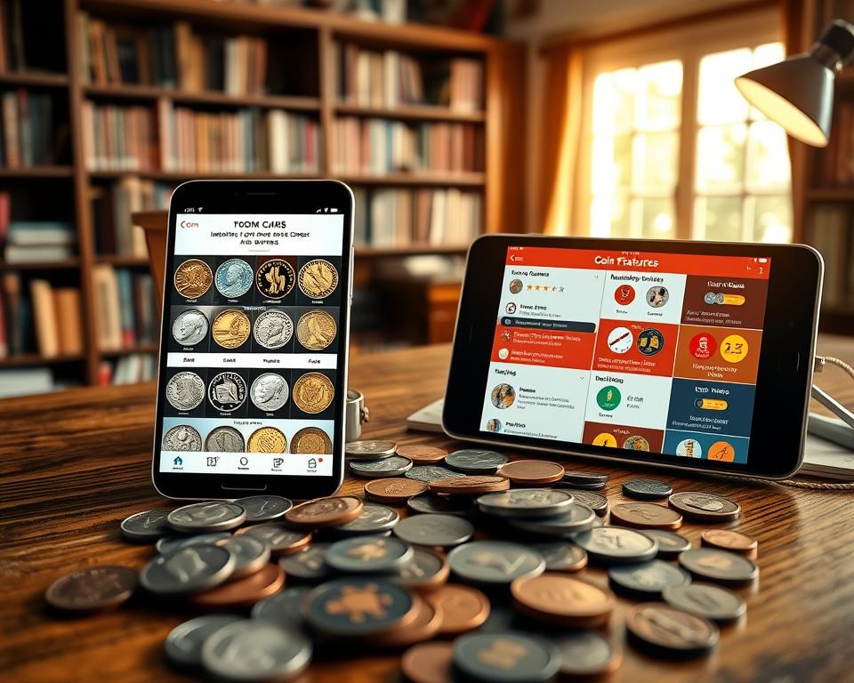 A split-screen image comparing features of different coin identification apps. On the left, a sleek smartphone displays an app showcasing detailed images of rare coins, with a user interface highlighting identification capabilities and historical data. On the right, another device features a different app with vibrant visuals emphasizing user ratings and coin values. The foreground includes a wooden table filled with diverse coins from various eras, some polished and others showing wear. The background is softly blurred, depicting a well-lit study with bookshelves and a magnifying glass. The atmosphere is professional and informative, illuminated by warm natural light coming from a window to create an inviting and scholarly mood, captured from an eye-level angle for clarity and engagement.