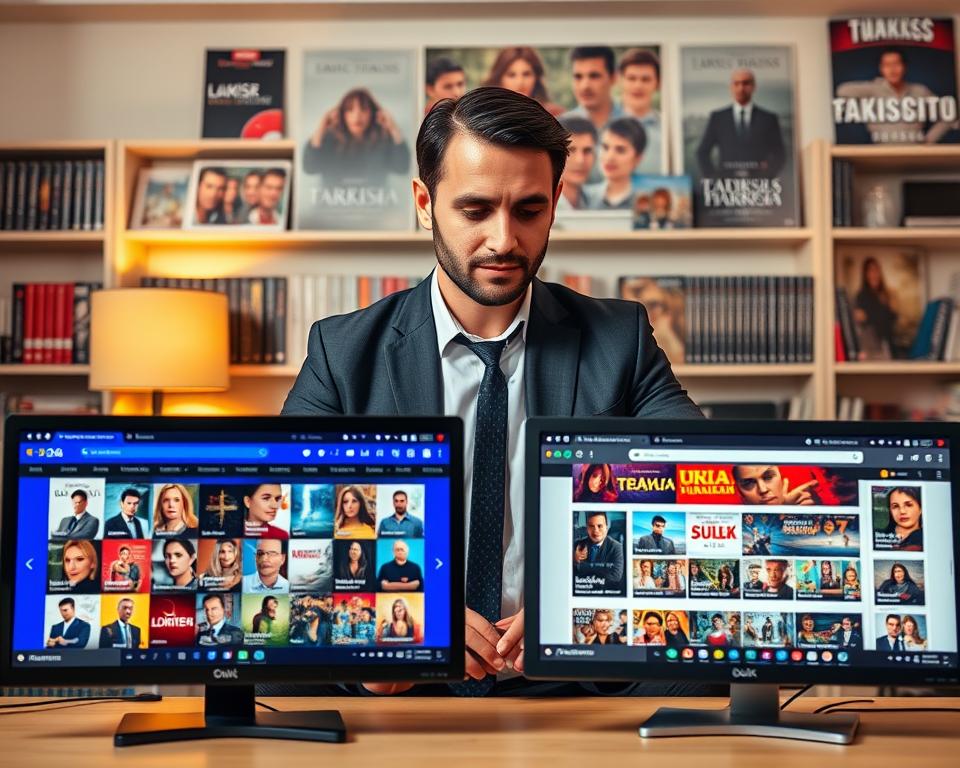A vibrant and engaging collage showcasing a comparison of specialized Turkish series websites like Turkish123 and Turksub24. In the foreground, there are two computer screens, each displaying the interface of one of the sites, filled with colorful thumbnails of popular Turkish series. In the middle, a professional-looking person, dressed in smart casual attire, analyzes the screens with a focused expression. The background features a cozy living room setting with bookshelves filled with DVDs and posters of famous Turkish dramas, softly lit by warm ambient lighting. The mood is insightful and inviting, creating an atmosphere that encourages exploration and discussion about Turkish series viewing options. The angle captures both the screens and the individual, with a slight depth of field to keep the focus on the subjects. A vibrant and engaging collage showcasing a comparison of specialized Turkish series websites like Turkish123 and Turksub24. In the foreground, there are two computer screens, each displaying the interface of one of the sites, filled with colorful thumbnails of popular Turkish series. In the middle, a professional-looking person, dressed in smart casual attire, analyzes the screens with a focused expression. The background features a cozy living room setting with bookshelves filled with DVDs and posters of famous Turkish dramas, softly lit by warm ambient lighting. The mood is insightful and inviting, creating an atmosphere that encourages exploration and discussion about Turkish series viewing options. The angle captures both the screens and the individual, with a slight depth of field to keep the focus on the subjects.