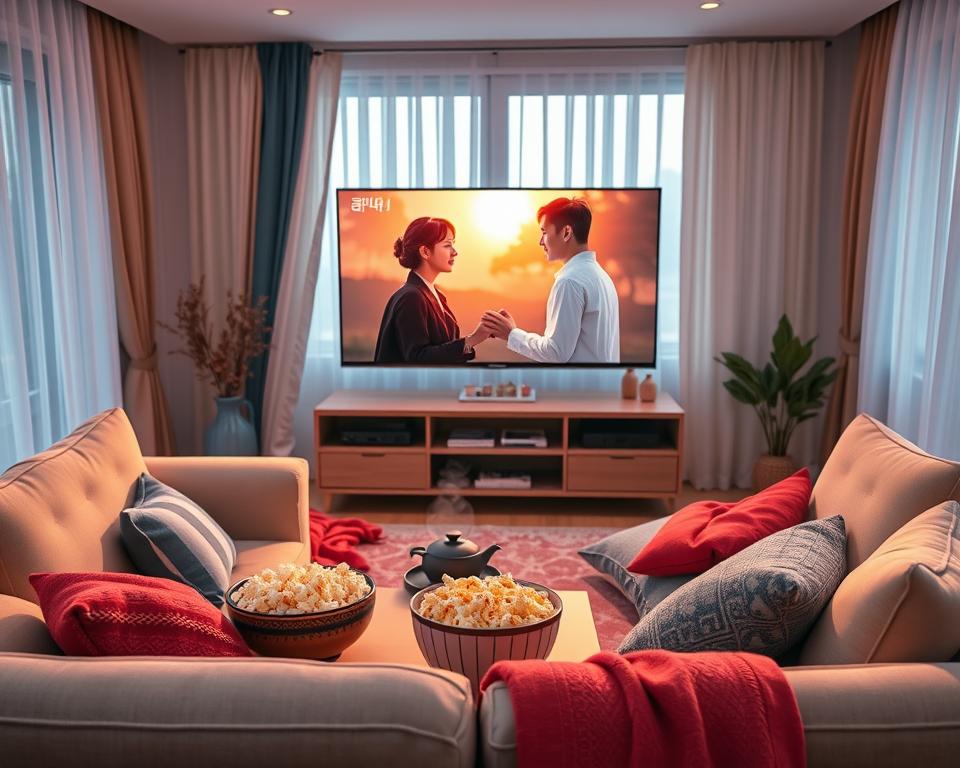 A vibrant and inviting scene depicting a cozy living room set up for watching Korean dramas. In the foreground, a stylish sofa with soft cushions, neatly arranged with colorful throw blankets. On a low coffee table, a bowl of popcorn and a steaming cup of tea add comfort. In the middle, a large flat-screen TV displays a bright, engaging Korean drama scene, hinting at a romantic plot with lush visuals and warm lighting. The background features a window with curtains gently flowing, allowing soft, natural daylight to illuminate the room, creating a welcoming atmosphere. The overall mood is relaxed and cheerful, inviting viewers to enjoy today's latest Korean content. This image showcases the essence of Kocowa as a hub for fresh Korean entertainment, capturing the excitement of diving into new stories.