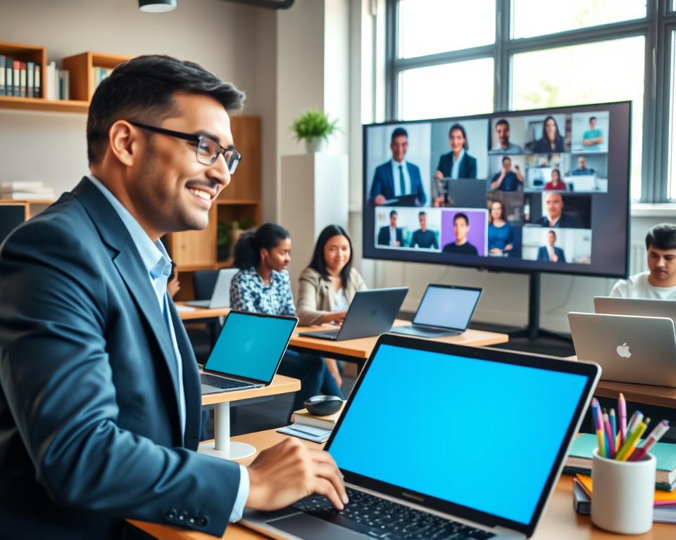 A vibrant, modern online learning environment featuring a diverse group of students engaged in a virtual classroom. In the foreground, a focused instructor presents a lesson on a large screen, dressed in professional business attire, with a warm smile. To the left, a group of attentive students of various ethnicities, sitting at their desks with laptops open, engaged and taking notes. In the background, a neatly organized study space with educational resources, such as books and stationery. Soft natural light streams through a window, creating an inviting atmosphere. The camera angle is slightly elevated, capturing the entire scene while emphasizing the interaction between the teacher and the students. The mood is collaborative and inspiring, reflecting the essence of deep learning through real human connection. A vibrant, modern online learning environment featuring a diverse group of students engaged in a virtual classroom. In the foreground, a focused instructor presents a lesson on a large screen, dressed in professional business attire, with a warm smile. To the left, a group of attentive students of various ethnicities, sitting at their desks with laptops open, engaged and taking notes. In the background, a neatly organized study space with educational resources, such as books and stationery. Soft natural light streams through a window, creating an inviting atmosphere. The camera angle is slightly elevated, capturing the entire scene while emphasizing the interaction between the teacher and the students. The mood is collaborative and inspiring, reflecting the essence of deep learning through real human connection.
