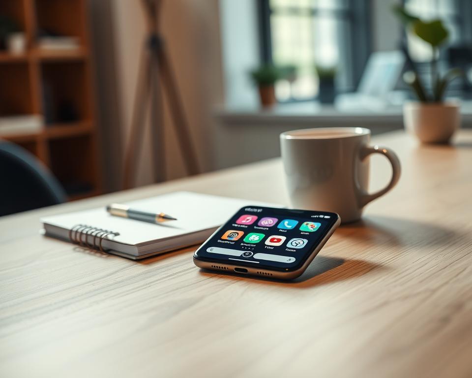 A visually captivating composition showcasing an array of the best applications for Instagram, displayed on a modern smartphone resting on a sleek, wooden desk. In the foreground, the phone screen features vibrant app icons, including analytics and engagement tools, illuminated by soft, ambient lighting. The middle ground contains a stylish notebook and a coffee cup, symbolizing creativity and productivity. In the background, a subtle blur of a well-lit office space hints at a professional environment. The overall mood is inspiring, conveying innovation and digital expertise. The image captures a sense of modern technology and social media engagement, with a focus on professionalism and functionality.