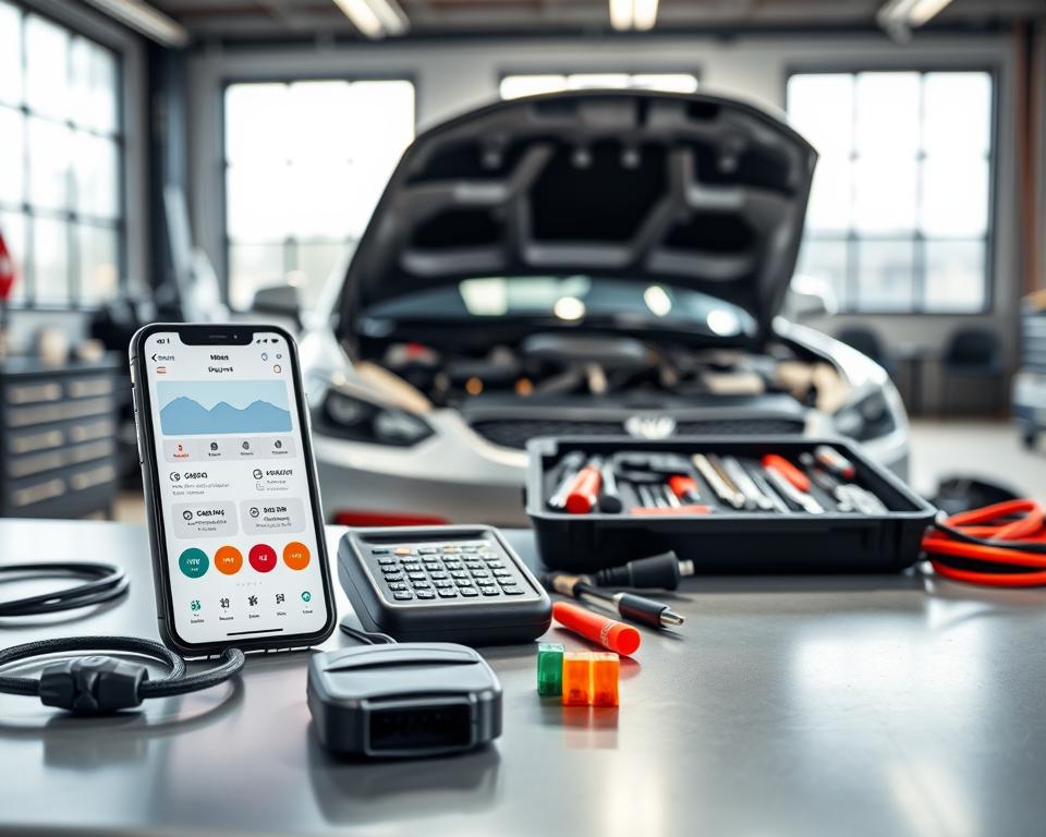 A well-arranged automotive diagnostic starter kit displayed on a sleek, modern workbench in a bright, well-lit garage. In the foreground, a smartphone with a diagnostic application open, showcasing diagnostic data. Beside it, a portable OBD-II adapter, tools like a multimeter, and a set of automotive fuses. In the middle, an organized toolbox filled with various automotive tools, such as wrenches and screwdrivers, emphasizing readiness for diagnostics. The background features a car under a hood, with engine components visible, suggesting an active diagnostic scenario. Use natural lighting coming from large garage windows, creating a sense of clarity and professionalism. The atmosphere should convey a sense of precision and readiness in automotive diagnostics.