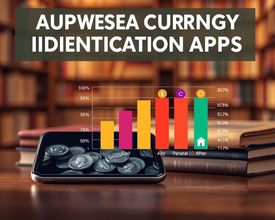 An informative and visually engaging comparison graphic focusing on the accuracy of currency identification apps. In the foreground, feature a sleek, high-tech smartphone displaying a realistic coin scanning interface with clear currency images. In the middle, include a visually appealing bar graph or pie chart illustrating differing accuracy rates of various apps, using distinct colors and icons for each app. The background should be a softly blurred library or study setting, using warm lighting to create an inviting atmosphere, with books about currencies subtly visible. Capture a professional mood with a clean and modern aesthetic, emphasizing precision and technology without any text, ensuring all elements are focused on the analysis of app performance.