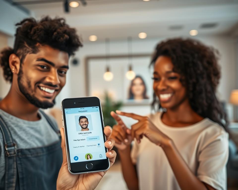 A close-up image of a facial recognition application in use, featuring a diverse group of three people, each with distinct facial features, casually dressed in modest clothing. The foreground shows a smartphone with a user-friendly interface displaying a DNA match result. In the middle ground, the individuals are engaged in a discussion, pointing at the phone with expressions of curiosity and excitement. The background is softly blurred, showcasing a modern indoor setting with warm lighting and contemporary decor, creating an inviting atmosphere. The composition is shot from slightly above, emphasizing the interaction between the people and the technology, while ensuring clarity and vibrant colors that convey a sense of discovery and innovation.