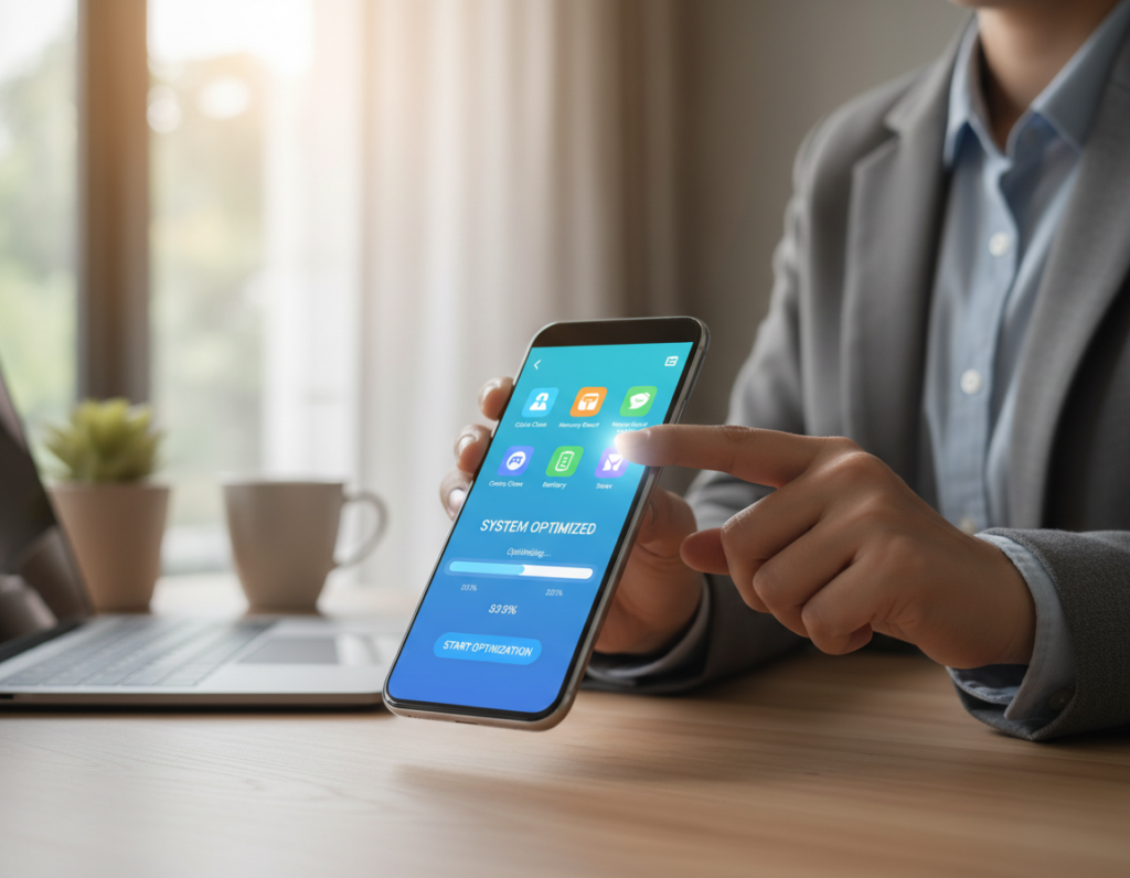 A close-up view of a sleek smartphone displaying a vibrant app interface designed for cleaning cache and optimizing memory. The foreground showcases the phone's screen with colorful, user-friendly icons representing various functionalities like cache cleaning and memory optimization, set against a subtle gradient background. In the middle, a hand of a professional individual, wearing a smart casual outfit, is gently tapping the screen, emphasizing user engagement. The background features a blurred workspace with soft lighting and modern tech accessories, creating a productive atmosphere. The overall mood is uplifting and focused, highlighting the effectiveness of mobile optimization apps in enhancing device performance.