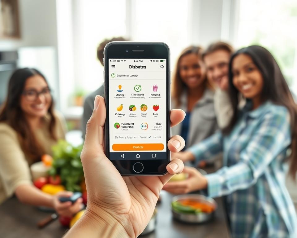 A close-up view of a smartphone displaying a diabetes management app interface, highlighting features like glucose monitoring, dietary planning, and reminders for medication. The phone is held in the hands of a diverse group of people in a well-lit, modern kitchen setting, showcasing their engagement and collaboration. In the background, a colorful display of healthy foods like fruits, vegetables, and whole grains emphasizes a balanced diet. Soft natural lighting streams in from a window, creating a warm and inviting atmosphere. The overall mood is positive and supportive, reflecting a community approach to diabetes management, with no visible text or markings on the image. A close-up view of a smartphone displaying a diabetes management app interface, highlighting features like glucose monitoring, dietary planning, and reminders for medication. The phone is held in the hands of a diverse group of people in a well-lit, modern kitchen setting, showcasing their engagement and collaboration. In the background, a colorful display of healthy foods like fruits, vegetables, and whole grains emphasizes a balanced diet. Soft natural lighting streams in from a window, creating a warm and inviting atmosphere. The overall mood is positive and supportive, reflecting a community approach to diabetes management, with no visible text or markings on the image.