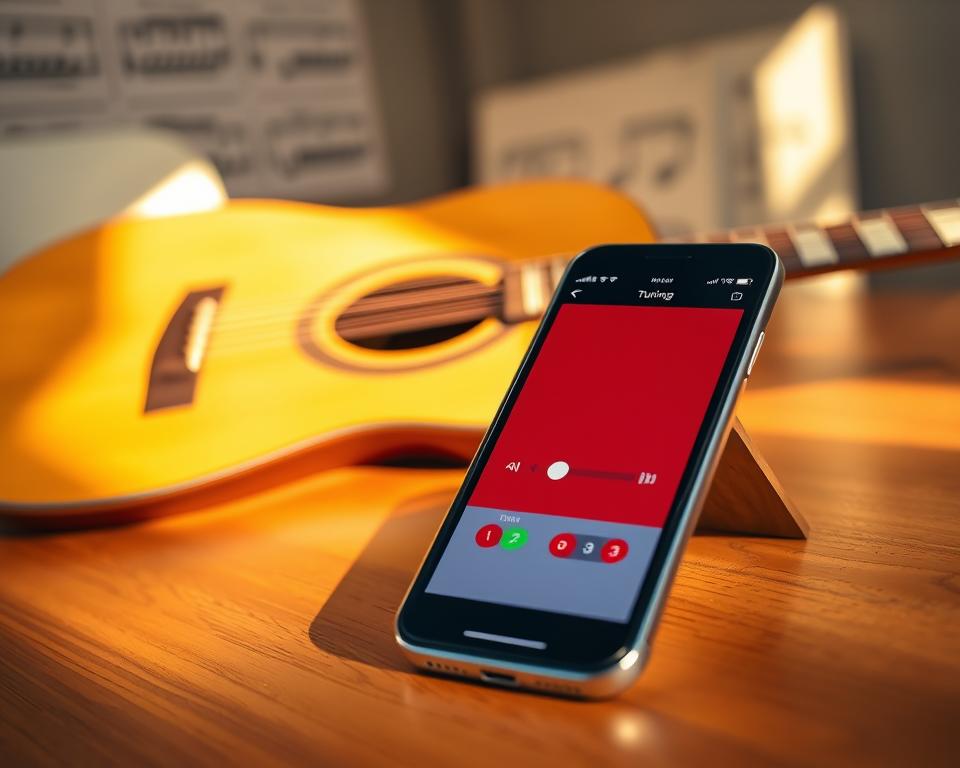 A close-up view of a smartphone displaying a tuning app for a guitar, set against a wooden table. In the foreground, the phone's screen shows colorful and user-friendly interface elements such as tuning indicators and guitar strings. In the middle ground, a partially visible acoustic guitar rests beside the phone, with sunlight gently reflecting off its polished surface. The background features soft, blurred images of music sheets and a warm, inviting room ambiance, suggested by diffused golden lighting. The scene conveys a sense of focus and creativity, perfect for selecting the ideal app for tuning a guitar.