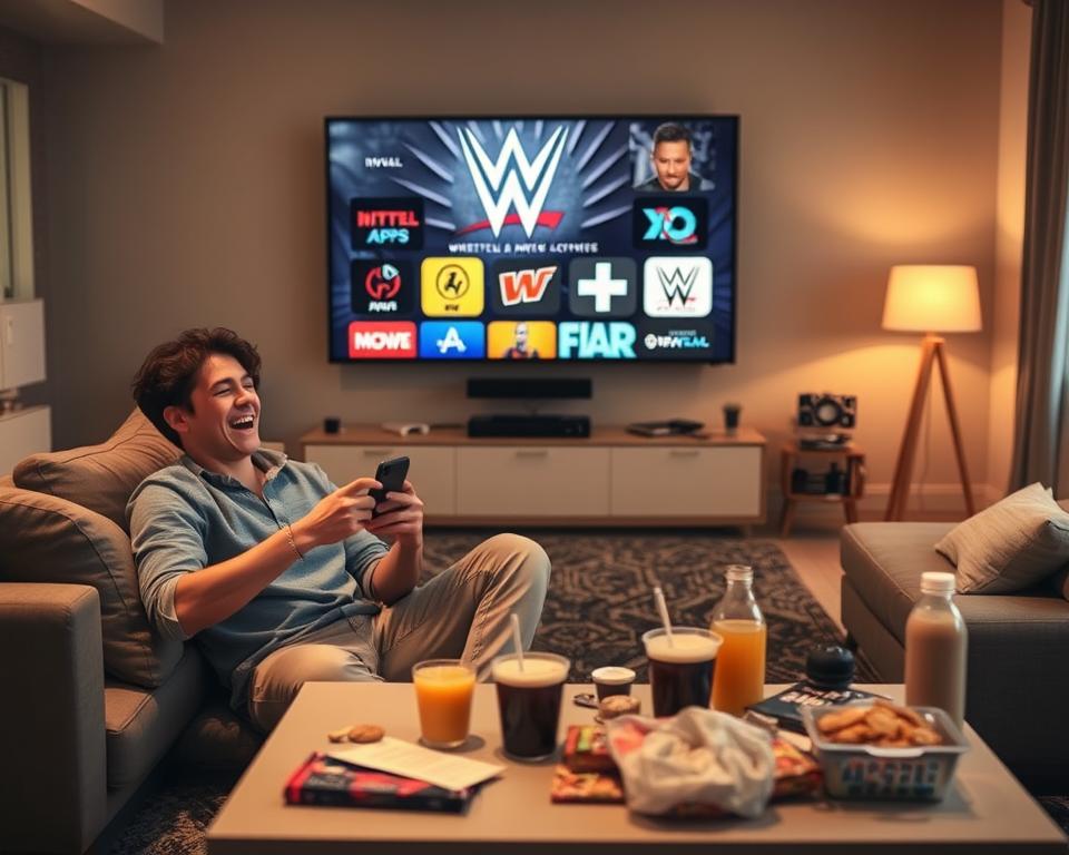 A cozy, modern living room scene featuring a young adult engaged with their smartphone, excitedly watching wrestling content. In the foreground, the person sits comfortably on a stylish sofa, wearing casual yet neat clothing, enthusiastically leaning forward with the phone in hand. The middle ground includes a coffee table cluttered with snacks and drinks, signifying a relaxed viewing experience. The background showcases a large TV displaying various wrestling apps and logos, creating an inviting atmosphere. Soft, warm lighting filters through a window, illuminating the room and enhancing the sense of excitement and comfort. The entire scene conveys a friendly, casual mood, emphasizing alternative ways to access WWE content on a mobile device.