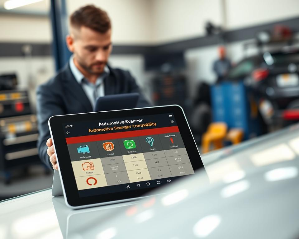 A detailed and informative automotive scanner application compatibility comparison chart. In the foreground, a sleek digital tablet displays a vibrant, well-organized interface featuring icons and charts showcasing various scanner apps and their compatibility with different car models. The middle ground features a technician in smart casual attire, intently analyzing the tablet's screen, suggesting expertise and focus. In the background, a modern garage with car diagnostics tools and equipment reflects the automotive theme. The lighting is bright and natural, creating a professional atmosphere, while a shallow depth of field emphasizes the tablet and technician, evoking an educational and tech-savvy mood. The overall scene conveys clarity and precision in selecting the right automotive scanner application.