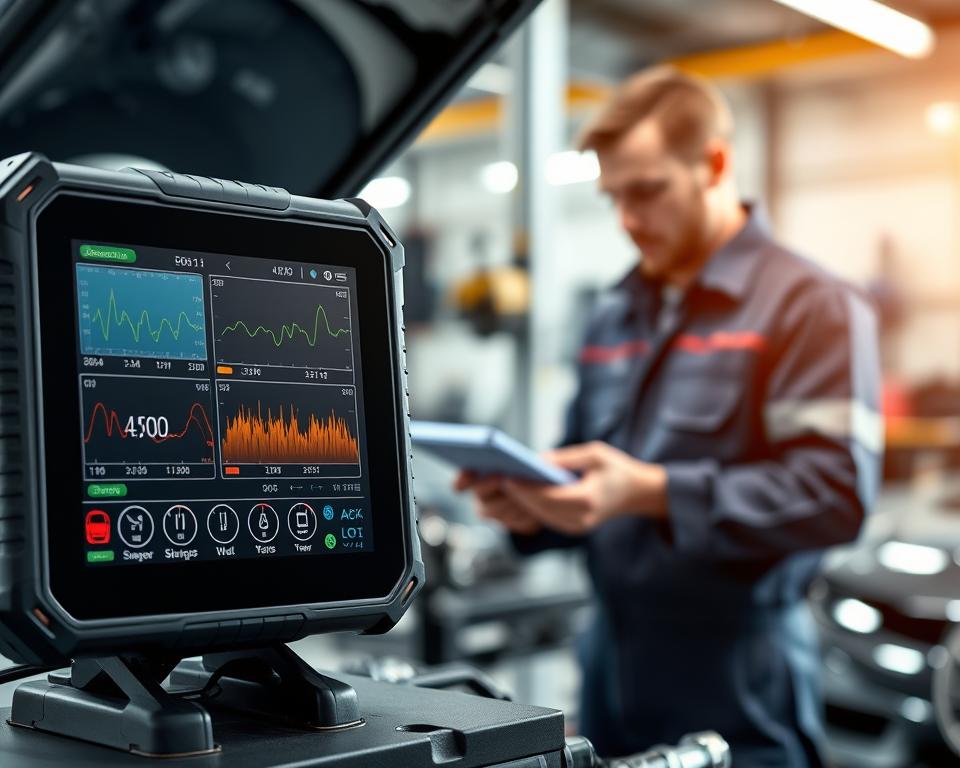 A detailed automotive diagnostic tool interface, showcasing various functionalities such as an engine performance monitor, fault code reader, and real-time data streaming. In the foreground, display a high-tech scanner device with a vibrant screen, showing graphs and sensor readings. In the middle, depict a mechanic in professional attire, analyzing data while focusing on the scanner display, with a modern workshop environment around them. In the background, include tools and car parts, softly blurred to emphasize the main subject. Use bright, natural lighting to create a clean, professional atmosphere, with a slight depth of field effect to draw attention to the foreground. The image should evoke a sense of innovation and precision in automotive diagnostics. A detailed automotive diagnostic tool interface, showcasing various functionalities such as an engine performance monitor, fault code reader, and real-time data streaming. In the foreground, display a high-tech scanner device with a vibrant screen, showing graphs and sensor readings. In the middle, depict a mechanic in professional attire, analyzing data while focusing on the scanner display, with a modern workshop environment around them. In the background, include tools and car parts, softly blurred to emphasize the main subject. Use bright, natural lighting to create a clean, professional atmosphere, with a slight depth of field effect to draw attention to the foreground. The image should evoke a sense of innovation and precision in automotive diagnostics.