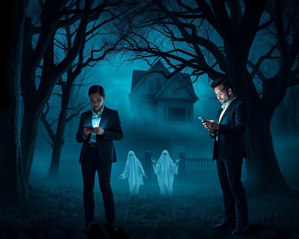A detailed scene depicting a practical ghost-hunting guide using a mobile app. In the foreground, a diverse group of three individuals, dressed in professional business attire, are intently examining their phones, illuminated by the soft glow of the app screens. They stand in a dimly lit, eerie forest with ancient trees surrounding them. In the middle ground, ghostly apparitions subtly emerge from the mist, giving a sense of mystery and intrigue. The background features a shadowy outline of a haunted house, partially obscured by fog, enhancing the spooky atmosphere. The lighting is moody, with a bluish tint, suggesting twilight. The image captures a sense of adventure and excitement, inviting viewers to explore the paranormal world.