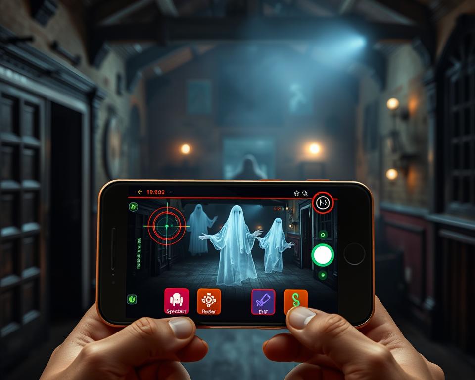 A modern augmented reality interface of a Ghost Detector app is displayed prominently in the foreground, featuring colorful, glowing icons representing spirit detection tools such as a spectrometer and an EMF reader. The user interface showcases a smartphone screen with a transparent overlay displaying ghostly figures emerging in a dimly lit haunted room. The middle ground includes shadowy images of ghosts in ethereal forms, subtly blending into the ambience, evoking intrigue and a hint of eeriness. The background sets a haunting yet captivating atmosphere with dark, abandoned architectural elements and flickering lights, reminiscent of a ghost-hunting adventure. Atmospheric lighting casts a soft glow on the app interface, highlighting its features while creating an immersive experience. The overall mood conveys excitement about exploring the paranormal through technology.