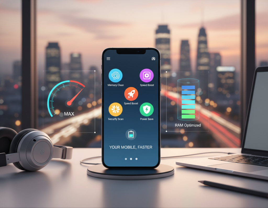 A modern smartphone displayed prominently in the foreground, showcasing a vibrant screen filled with app icons representing mobile optimization features such as memory cleaning and performance enhancement. Flanking the phone, a set of colorful visual elements like speed gauges and memory bars illustrate the benefits of an optimizer app. In the middle ground, a sleek desk with tech gadgets hints at a high-tech environment, while in the background, a soft-focus cityscape conveys a sense of contemporary life and connectivity. The lighting is bright and inviting, creating an upbeat and reassuring atmosphere. The angle is slightly angled downwards, emphasizing the smartphone, while maintaining an elegant depth of field. The overall mood is innovative and hopeful, reflecting the positive impact of using a mobile optimizer.