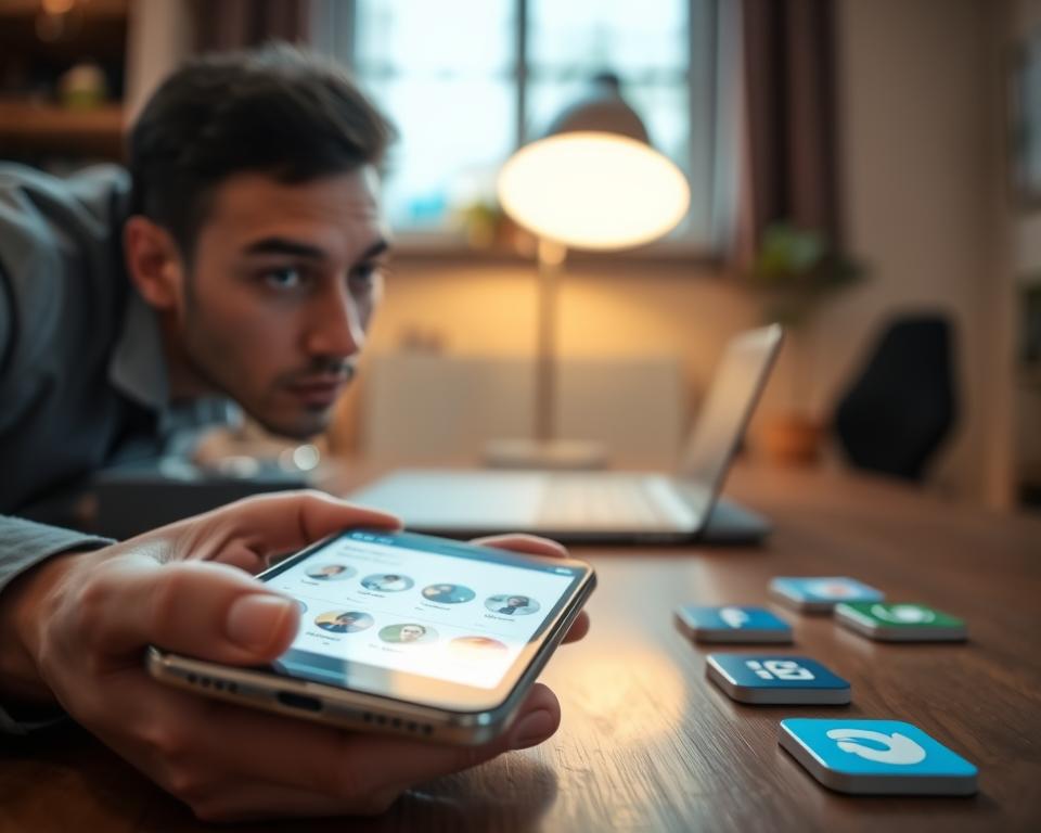 A modern smartphone displaying a social media profile page, with a glowing screen that shows user icons and notifications. In the foreground, a person in business casual attire leans forward, peering intently at the phone, with a look of curiosity and slight skepticism. In the middle ground, various social media icons are softly blurred to focus on the phone. The background features a cozy workspace with a wooden desk, a warm light illuminating the scene, creating an inviting atmosphere. The angle is slightly tilted to capture both the person and the phone in detail. The mood is inquisitive and engaging, emphasizing the theme of curiosity around social media privacy. A modern smartphone displaying a social media profile page, with a glowing screen that shows user icons and notifications. In the foreground, a person in business casual attire leans forward, peering intently at the phone, with a look of curiosity and slight skepticism. In the middle ground, various social media icons are softly blurred to focus on the phone. The background features a cozy workspace with a wooden desk, a warm light illuminating the scene, creating an inviting atmosphere. The angle is slightly tilted to capture both the person and the phone in detail. The mood is inquisitive and engaging, emphasizing the theme of curiosity around social media privacy.