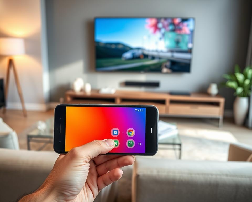 A modern smartphone displaying the Google TV app interface as a remote control, set against a sleek living room backdrop with a cozy ambiance. In the foreground, the smartphone should be centered, showcasing vibrant colors and a clear view of the app's buttons and features. The middle ground includes a stylish coffee table with a few decorative items, and a large wall-mounted TV in the background, softly illuminated with a warm glow from the screen. Natural light streams in from a window, adding a welcoming atmosphere. The image should have a slightly elevated angle, focusing on the smartphone in use, creating a sense of connection between the device and the TV experience. Emphasize a modern, user-friendly aesthetic that reflects a seamless integration of technology and leisure. A modern smartphone displaying the Google TV app interface as a remote control, set against a sleek living room backdrop with a cozy ambiance. In the foreground, the smartphone should be centered, showcasing vibrant colors and a clear view of the app's buttons and features. The middle ground includes a stylish coffee table with a few decorative items, and a large wall-mounted TV in the background, softly illuminated with a warm glow from the screen. Natural light streams in from a window, adding a welcoming atmosphere. The image should have a slightly elevated angle, focusing on the smartphone in use, creating a sense of connection between the device and the TV experience. Emphasize a modern, user-friendly aesthetic that reflects a seamless integration of technology and leisure.
