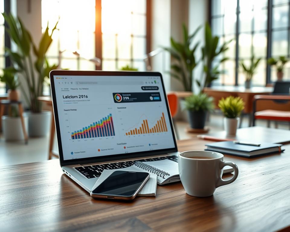 A modern workspace featuring a sleek laptop displaying social media analytics dashboards, with vibrant graphs and follower statistics in the foreground. In the middle, a smartphone rests beside a notepad filled with strategic notes and a cup of coffee, symbolizing a productive environment. The background showcases a contemporary office with large windows letting in soft natural light, casting a warm glow across the scene. Rich wooden furniture adds professionalism, while potted plants bring a touch of freshness. The atmosphere is focused and motivated, ideal for digital marketers and social media enthusiasts. Capture this in a clear, sharp angle with a shallow depth of field to emphasize the analytics on the laptop.