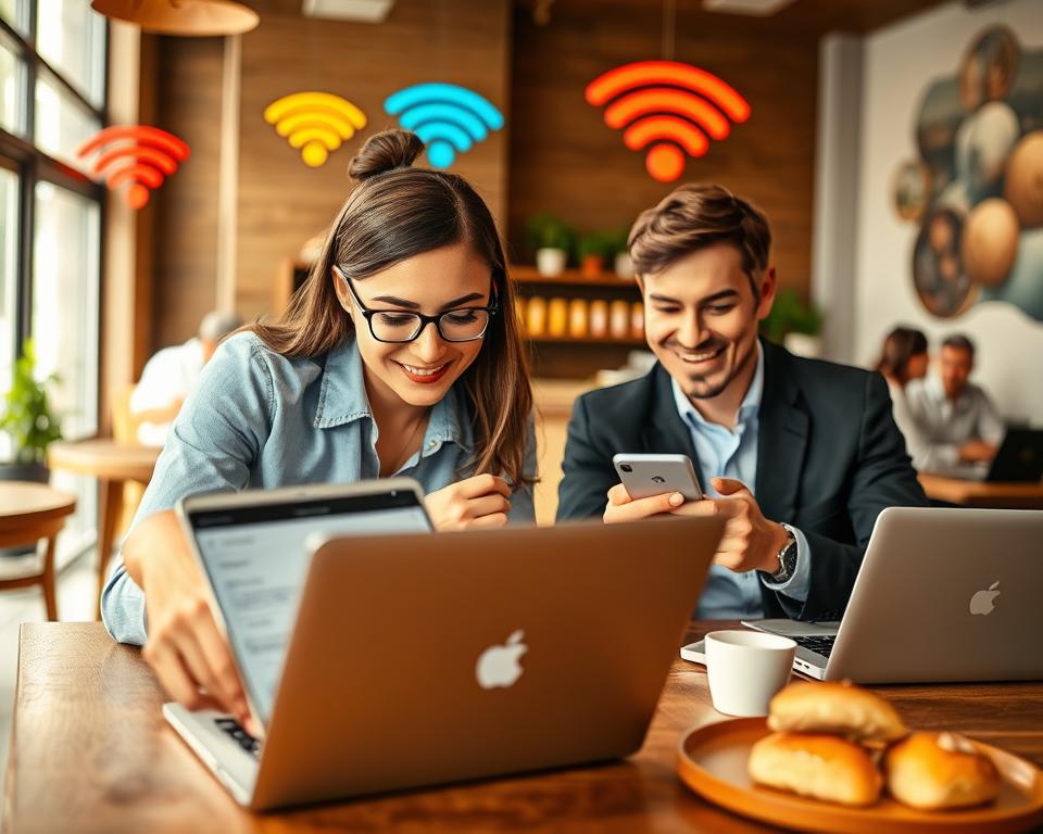 A professional, welcoming scene depicting a cozy café setting with a diverse group of individuals using their laptops and mobile devices to connect to open Wi-Fi. In the foreground, a young woman in smart casual attire leans over her laptop, focused on a Wi-Fi settings menu, while a middle-aged man beside her smiles, holding a smartphone displaying Wi-Fi options. The middle section showcases a warm coffee bar with delicious pastries, creating a relaxed atmosphere. In the background, colorful Wi-Fi signal indicators can be seen on the wall, and soft natural light streams in through large windows, highlighting the inviting ambiance. The mood is friendly and tech-savvy, encouraging connection and collaboration in a public space. A professional, welcoming scene depicting a cozy café setting with a diverse group of individuals using their laptops and mobile devices to connect to open Wi-Fi. In the foreground, a young woman in smart casual attire leans over her laptop, focused on a Wi-Fi settings menu, while a middle-aged man beside her smiles, holding a smartphone displaying Wi-Fi options. The middle section showcases a warm coffee bar with delicious pastries, creating a relaxed atmosphere. In the background, colorful Wi-Fi signal indicators can be seen on the wall, and soft natural light streams in through large windows, highlighting the inviting ambiance. The mood is friendly and tech-savvy, encouraging connection and collaboration in a public space.