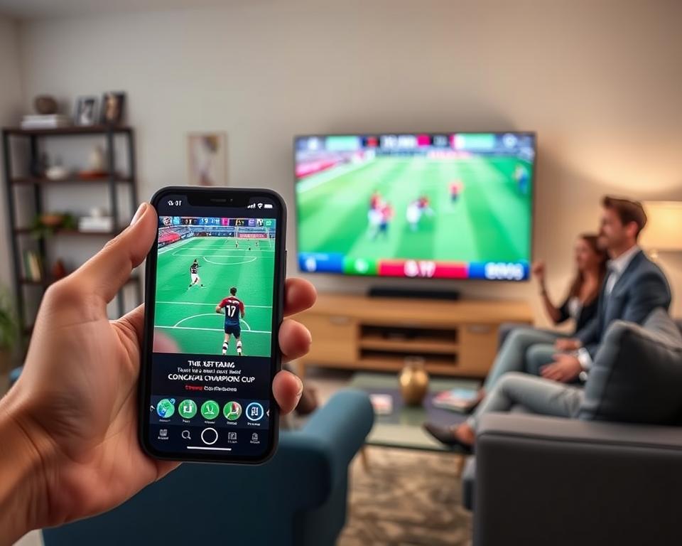 A sleek and modern smartphone displaying a vibrant streaming app interface, showcasing a live soccer match highlighting the CONCACAF Champions Cup. In the foreground, a person's hand is holding the phone, exuding excitement with their eyes focused on the screen. The middle ground features a cozy living room setting with a large television screen showing the same match, with a small group of friends in professional casual attire, cheering and enjoying the game together. The background should include shelves with sports memorabilia and a soft, ambient light source creating an inviting atmosphere. The camera angle is slightly tilted down to capture both the phone and the TV clearly. The scene conveys a lively and engaging mood, perfect for sports enthusiasts. A sleek and modern smartphone displaying a vibrant streaming app interface, showcasing a live soccer match highlighting the CONCACAF Champions Cup. In the foreground, a person's hand is holding the phone, exuding excitement with their eyes focused on the screen. The middle ground features a cozy living room setting with a large television screen showing the same match, with a small group of friends in professional casual attire, cheering and enjoying the game together. The background should include shelves with sports memorabilia and a soft, ambient light source creating an inviting atmosphere. The camera angle is slightly tilted down to capture both the phone and the TV clearly. The scene conveys a lively and engaging mood, perfect for sports enthusiasts.