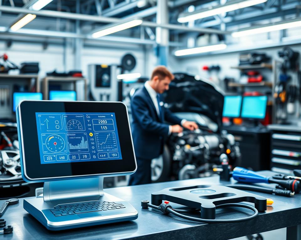 A sleek automotive diagnostic scanner prominently displayed on a modern workshop bench, surrounded by various advanced car parts and tools. In the foreground, the scanner's vibrant screen shows detailed engine data, sensor readings, and diagnostics, illuminated by soft LED lighting for a high-tech feel. In the middle ground, a mechanic in professional business attire carefully inspects a car engine, highlighting the fusion of technology and traditional craftsmanship. The background features a high-tech garage environment with organized tools, diagnostic monitors, and an array of automotive parts to emphasize advanced functionality. The atmosphere is one of innovation and expertise, with cool blue and silver tones to convey a sense of professionalism and efficiency.