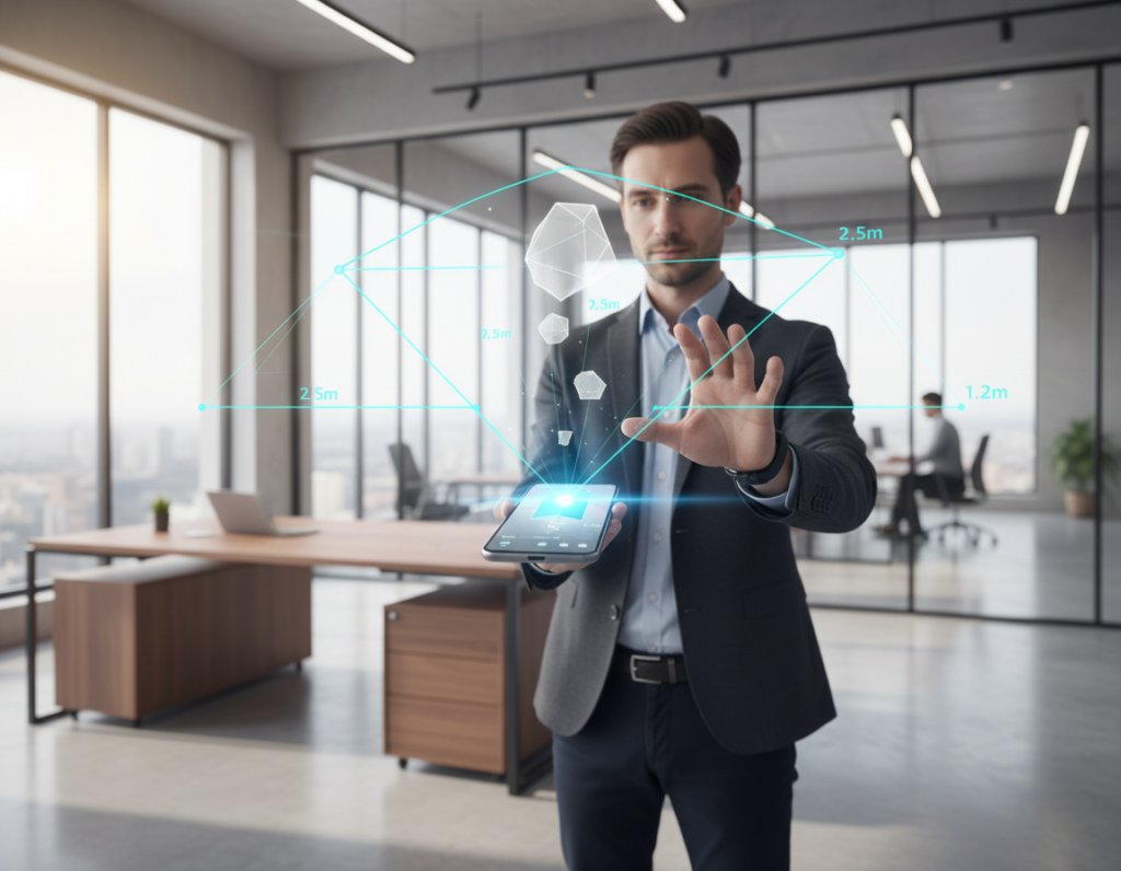 A sleek, futuristic smartphone displaying an augmented reality measuring app interface, positioned in the foreground, with dynamic measurement lines and holographic objects hovering above the screen. The middle layer features a hands-free depiction of a professional user in smart casual attire, using the app to measure dimensions of a piece of furniture in a modern, well-lit workspace. The background showcases a stylish office environment with minimalistic design elements, large windows allowing natural light to flood in, and subtle reflections enhancing the tech ambiance. The scene captures a mood of innovation and precision, with a slight depth of field effect emphasizing the app's interface and user interaction.