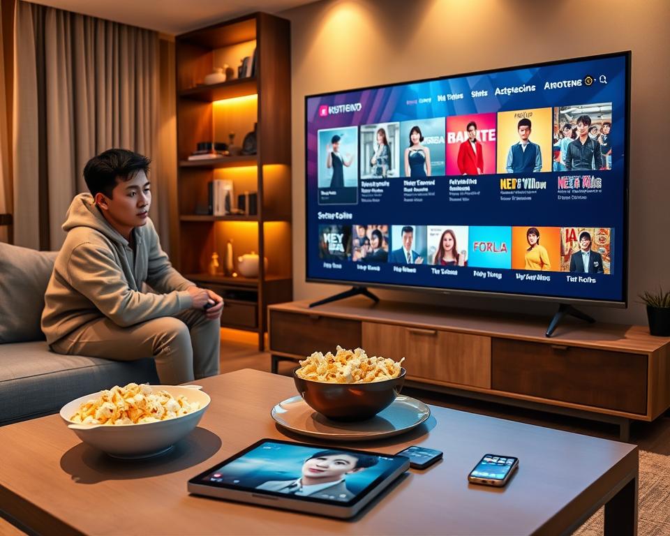 A sleek modern living room with a cozy atmosphere, illuminated by warm ambient lighting. In the foreground, a person with a focused expression in comfortable, casual clothing is adjusting the settings on a large high-definition smart TV displaying a streaming app interface featuring vibrant Korean drama thumbnails. A stylish coffee table holds a bowl of popcorn and a remote control. In the middle, digital devices like a tablet and smartphone, also showing different streaming apps, are placed on the table. The background features a well-organized bookshelf with Korean cultural artifacts. The overall mood is inviting and relaxed, capturing the essence of an enhanced streaming experience. The scene is shot from a slightly elevated angle, allowing for a dynamic view of the devices and user interaction.