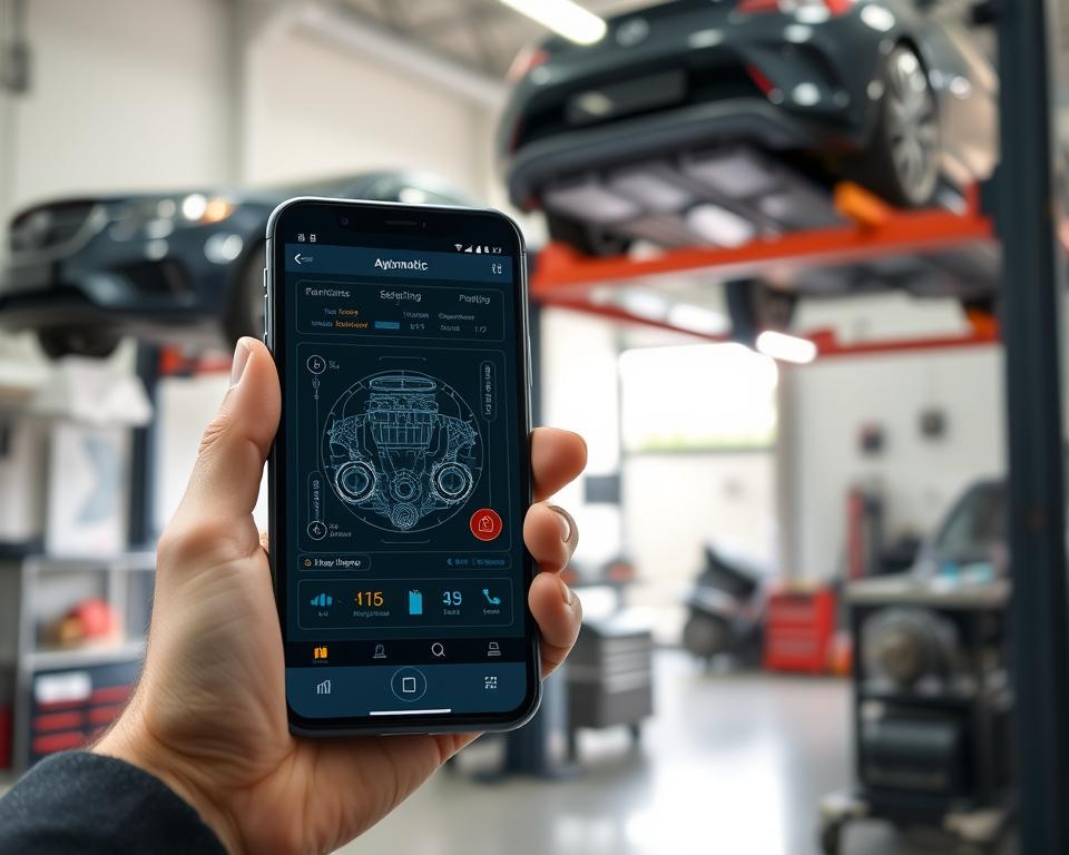 A sleek modern smartphone displaying a high-tech automotive diagnostic app, with a detailed engine schematic and real-time data analytics on its screen. In the foreground, the smartphone is held by a professional in business attire, intently examining the app. The middle layer features a clean, organized garage environment with tools and automotive parts neatly arranged. The background includes a contemporary car up on a lift, showcasing its intricate mechanics. Soft, bright lighting illuminates the scene, creating a sense of innovation and clarity. The angle is slightly tilted to focus on the smartphone, conveying a mood of future-forward technology and precision in automotive diagnostics.