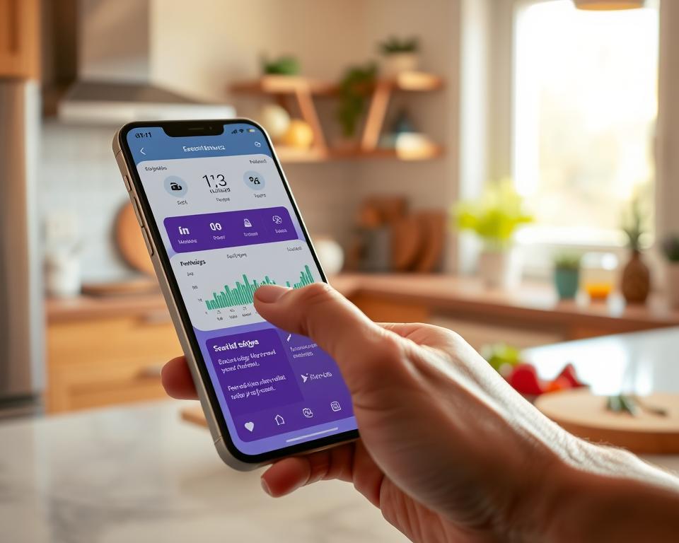 A sleek smartphone displaying a modern glucose monitoring app interface featuring essential resources like graphs for blood sugar levels, reminders for medication, and dietary advice. In the foreground, a hand interacts with the app, gently tapping the screen. The middle ground includes a cozy, well-lit kitchen workspace with healthy food items like fruits and vegetables. The background showcases a bright window with sunlight pouring in, creating a warm atmosphere. The image is captured with a soft focus effect, giving a sense of serenity and health-conscious living. The overall mood is uplifting and motivational, emphasizing a proactive approach to health management with technology.
