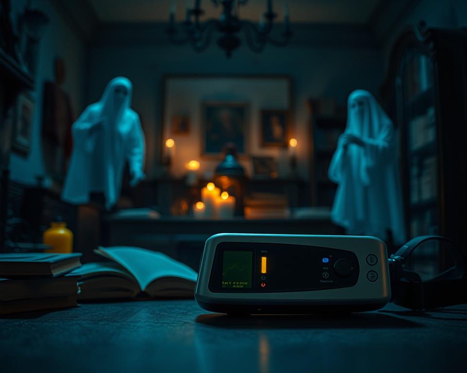 A sophisticated ghost detector device prominently displayed in the foreground, featuring sleek metallic contours and soft glowing lights indicating its various functionalities. The middle ground showcases a dimly lit room filled with mysterious artifacts such as old books, candles, and shadows that hint at spectral presence, enhancing the eerie atmosphere. The background reveals faint outlines of translucent ghost figures, subtly blending into the space, suggesting a haunting experience. The scene is illuminated with soft, cool lighting to evoke a sense of mystery and intrigue, creating an otherworldly ambiance. The camera angle is slightly tilted, adding an element of suspense and drawing the viewer into the mysterious world of ghost detection. The composition invites curiosity while maintaining a sense of professionalism and respect for the supernatural subject matter.