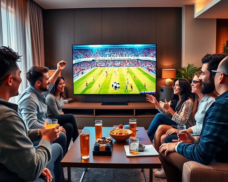 A vibrant and engaging scene depicting a modern living room, where a group of diverse friends, dressed in casual but professional clothing, are excitedly watching a live football match on a large flat-screen TV. The foreground shows the friends cheering with drinks and snacks on a coffee table, conveying a lively atmosphere. In the middle, the TV displays a thrilling Champions League match in progress, with visible players and a crowded stadium. The background features warm lighting and stylish decor, enhancing the cozy ambiance of a sports viewing party. The overall mood is energetic and joyful, emphasizing community and the excitement of live streaming football on a convenient app.