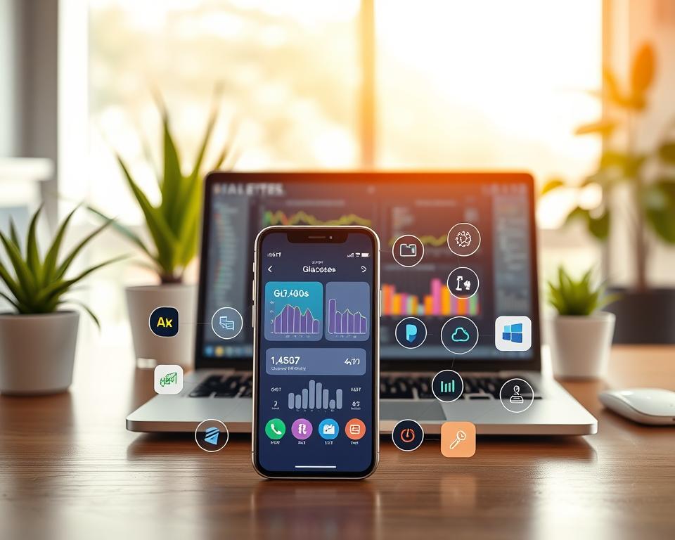 A visually striking comparison of diabetes monitoring apps for 2024, featuring a modern mobile phone displaying app interfaces prominently in the foreground. The phone’s screen shows vibrant graphs and metrics related to glucose levels, surrounded by stylized icons representing various features of each app, such as reminders and analysis tools. In the middle ground, a sleek laptop displays data visualization charts, symbolizing technology integration. The background features a soft-focus office setting with a bright, collaborative atmosphere, incorporating plants and natural light for an inviting feel. The image has a warm light tone, conveying a sense of optimism and progress in diabetes management. The overall composition should be dynamic and professional, avoiding any text or distractions.