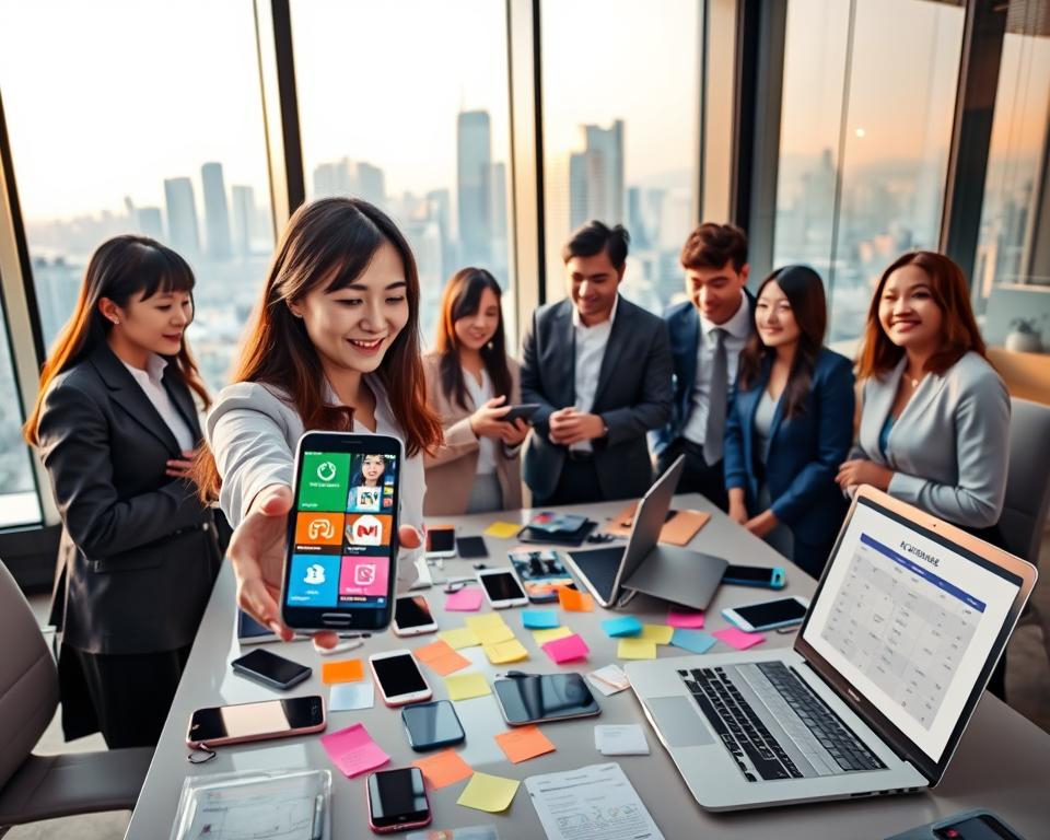 In a modern, stylish office environment, a diverse group of young adults, dressed in professional business attire, are engaged in a discussion about their favorite K-drama apps. In the foreground, a woman is showing a smartphone screen displaying multiple app icons with vibrant designs. The middle ground features a large table cluttered with digital devices, colorful sticky notes, and a laptop open to a review comparison chart. The background exhibits a large glass window overlooking a city skyline bathed in soft, warm afternoon light. The overall atmosphere is energetic and inviting, conveying teamwork and excitement about Korean dramas. The camera angle is slightly elevated, focusing on the interaction among the group, highlighting both the apps and their lively discussion. In a modern, stylish office environment, a diverse group of young adults, dressed in professional business attire, are engaged in a discussion about their favorite K-drama apps. In the foreground, a woman is showing a smartphone screen displaying multiple app icons with vibrant designs. The middle ground features a large table cluttered with digital devices, colorful sticky notes, and a laptop open to a review comparison chart. The background exhibits a large glass window overlooking a city skyline bathed in soft, warm afternoon light. The overall atmosphere is energetic and inviting, conveying teamwork and excitement about Korean dramas. The camera angle is slightly elevated, focusing on the interaction among the group, highlighting both the apps and their lively discussion.