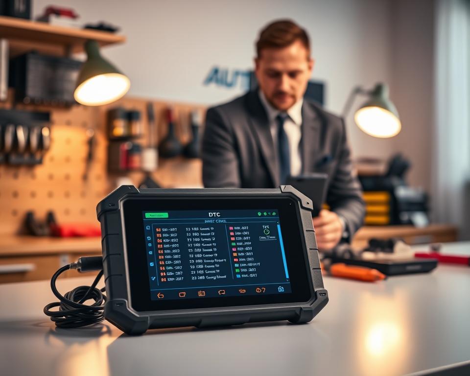 A clean and organized workspace showcasing a modern automotive diagnostic tool on a sleek desk. In the foreground, highlight the scanner device displaying detailed DTC error codes on its digital screen, with colorful graphics representing the codes. In the middle ground, a professional wearing a smart business outfit is shown attentively analyzing the display with a look of concentration. The background features tools neatly arranged and a soft glow from a desk lamp, creating a focused and productive atmosphere. Employ warm tones and soft lighting to enhance the feeling of professionalism and approachability. The angle should be slightly elevated, capturing the scanner and the user's engagement with the device, emphasizing the importance of accurate diagnostics in automotive care.