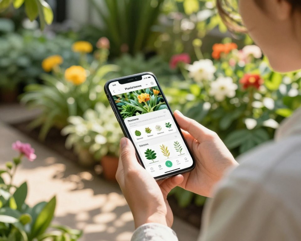 A close-up image of a smartphone displaying an advanced plant identification app, with a user gently holding the phone in a sunlit garden filled with various plants and flowers. The background features a vibrant mix of green foliage and colorful blossoms, creating a sense of nature's bounty. Soft sunlight filters through leaves, casting dappled shadows on the ground. The user, dressed in casual yet tidy clothing, appears focused and intrigued by the app interface, which showcases detailed plant information and identification features. The composition emphasizes clarity and usability, with a warm, inviting atmosphere that reflects the joy of exploring and learning about nature. The image is captured with a shallow depth of field, ensuring the phone and the user's hand are sharply in focus while the background remains beautifully blurred.